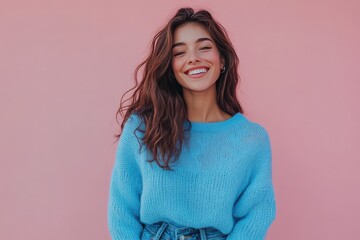 Obraz premium A woman with curly hair smiles in a blue sweater and jeans