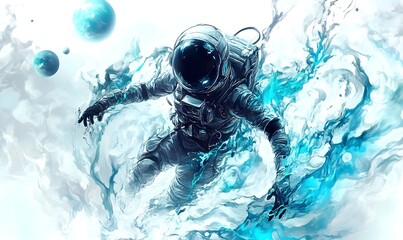 Naklejka premium Astronaut floating, space, cosmic swirl, planets, artwork