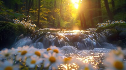 Serene forest stream with blooming daisies, sunlight filtering through trees, peaceful nature scene
