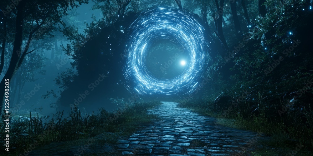 Poster a magical forest scene featuring a glowing portal on a cobblestone path, surrounded by lush trees un