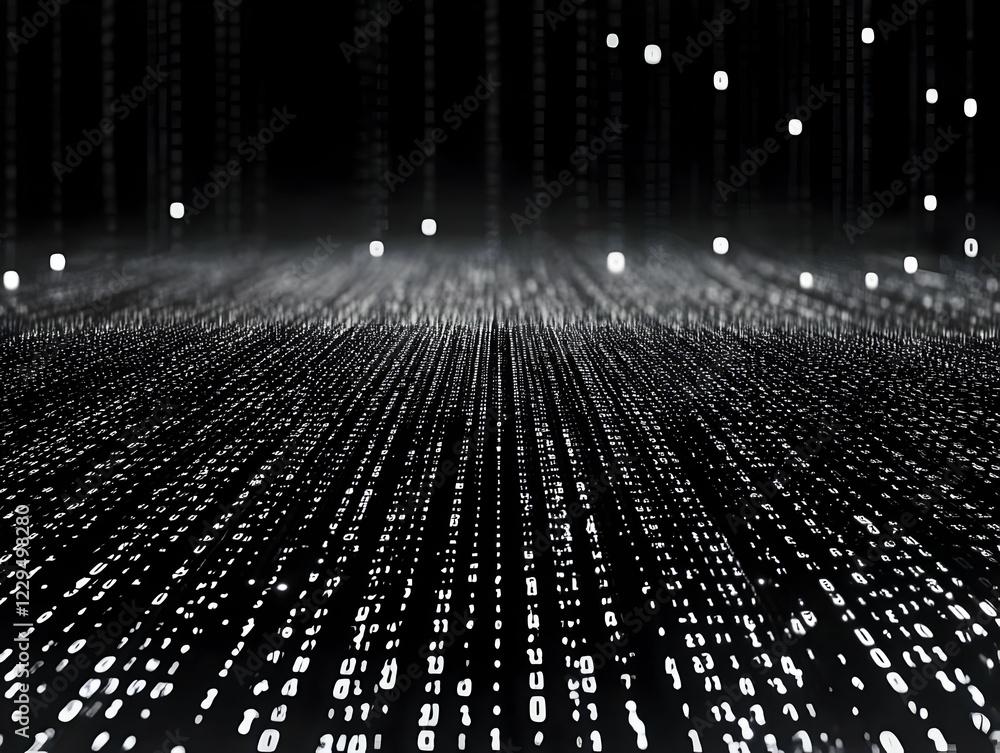Aufkleber abstract digital data stream flows downward into dark depths, creating a futuristic landscape.