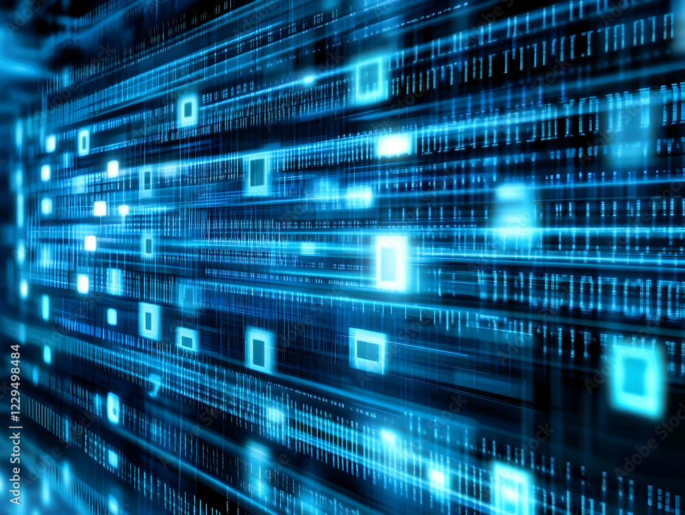 Poster abstract blue data stream flows across a dark background with glowing squares
