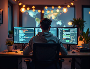 A man codes at his desk, back to the camera, with multiple monitors glowing in a dimly lit room.