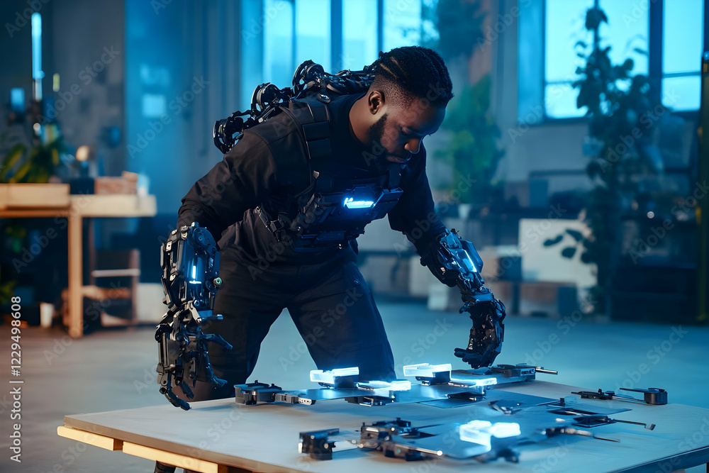 Poster engineer with exoskeleton assembles futuristic device in a high-tech lab environment with blue light