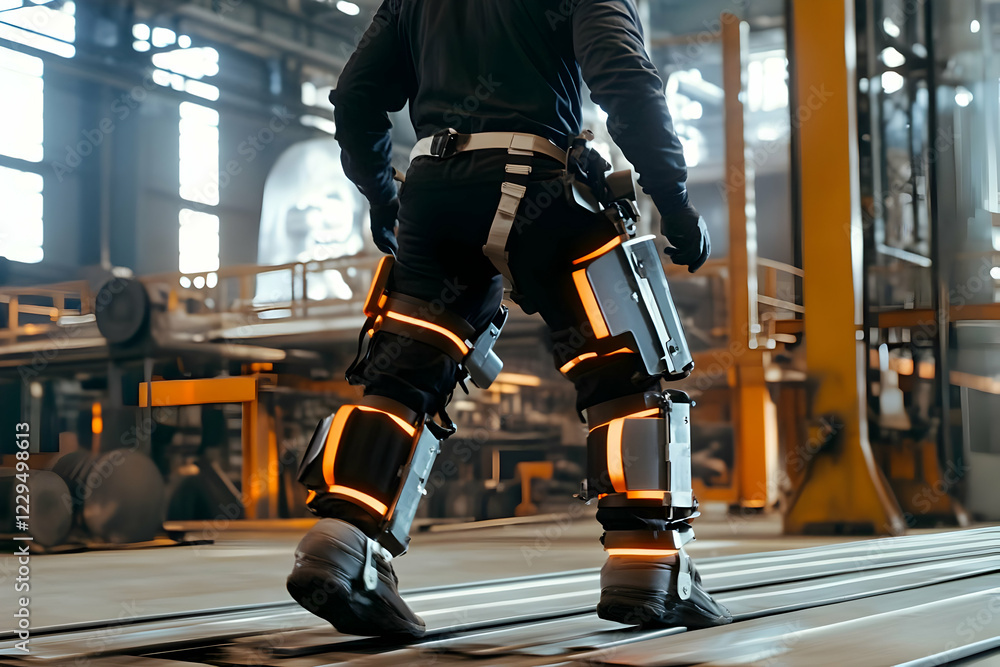 Poster engineer walks with exoskeleton legs in factory testing advanced robotics technology precisely