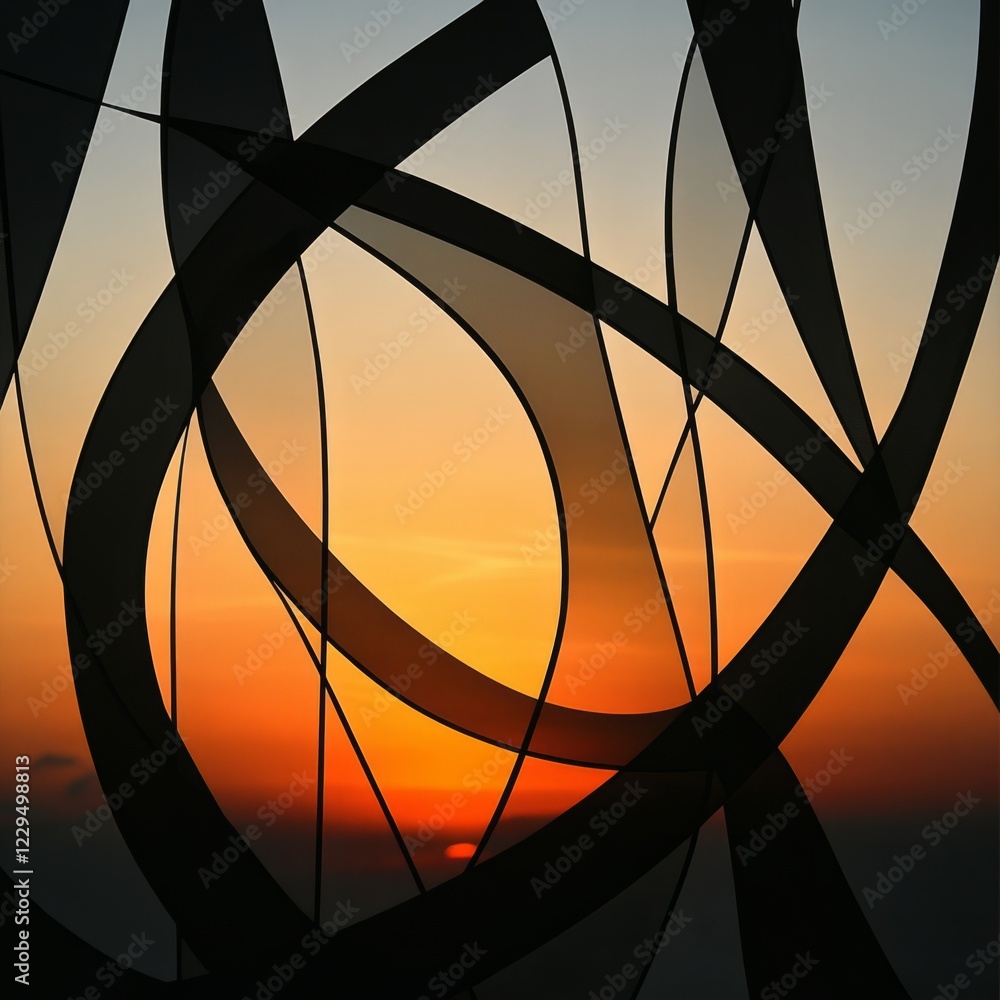 Poster dynamic abstract design with curved lines silhouetted against a vivid sunset, creating a striking vi