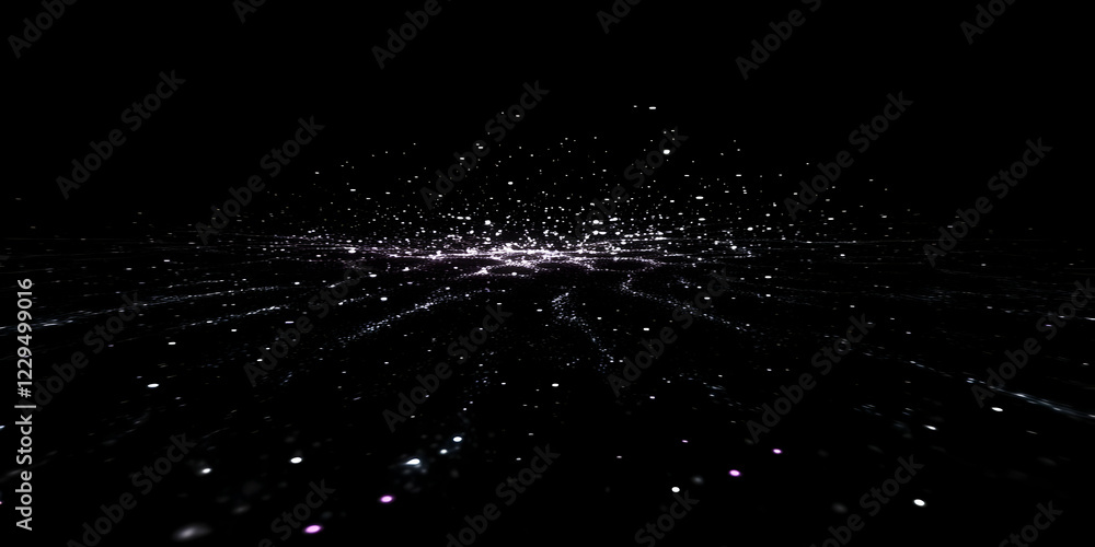 Poster Abstract Background with Sparkling Particles and Dynamic Light Trails on Black Background.