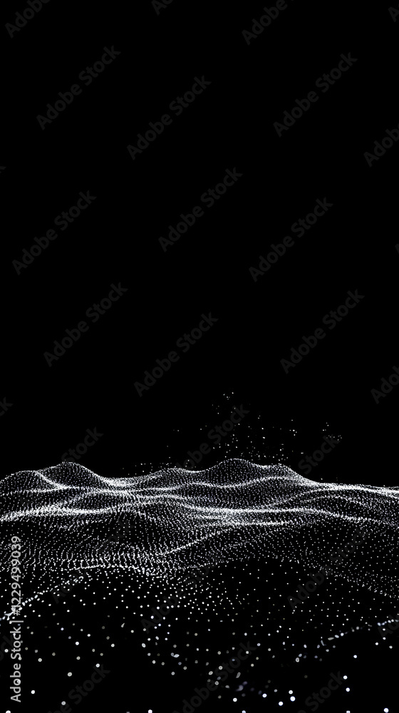 Poster abstract white particles flow and form waves smoothly on a black background.