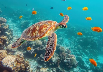 Fototapeta premium Colorful Sea Turtle Swimming Gracefully Among Vibrant Tropical Fish in Clear Ocean Waters Above Coral Reefs in a Beautiful Underwater Scene