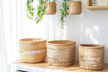 Fototapeta premium laundry space with pastel-colored walls neatly arranged wicker baskets on a table
