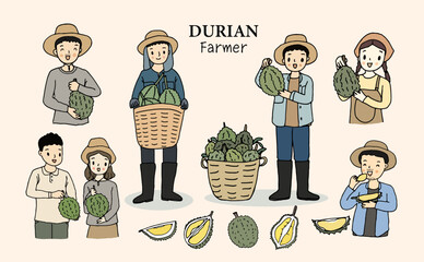 Durian farmer character set, hand drawn style vector illustration