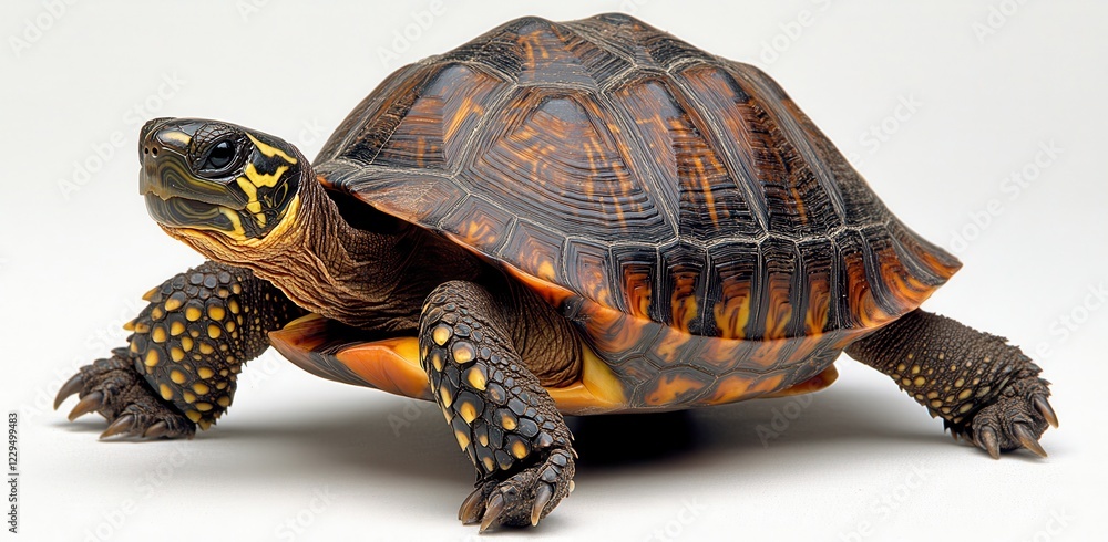 Poster colorful tortoise on a light background showcasing intricate shell patterns and vibrant yellow accen