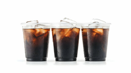 Three Iced Cold Drinks in Plastic Cups with Condensation on a White Background