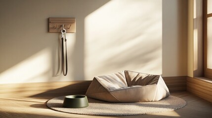 A cozy pet station in a modern home, featuring a geometric dog bed, an eco-friendly water bowl, and a stylish leash hanger, all set in a corner with warm natural light.