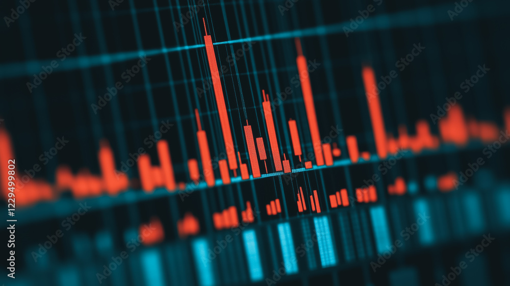 Poster data surge: abstract close-up of a dynamic graph displaying vibrant red and teal data points, illust