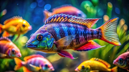 Fototapeta premium Lake Tanganyika's vibrant cichlids shine in stunning high-resolution underwater photography.