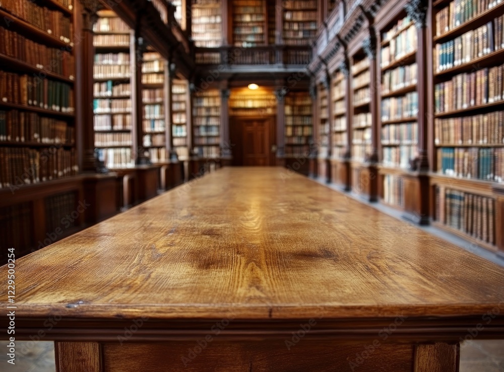 Poster blurred background of an old library with bookshelves and a wooden table for product display, with b