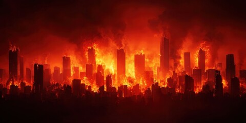 Fototapeta premium Catastrophic urban fire ignites skyscrapers cityscape digital art nighttime dramatic concept