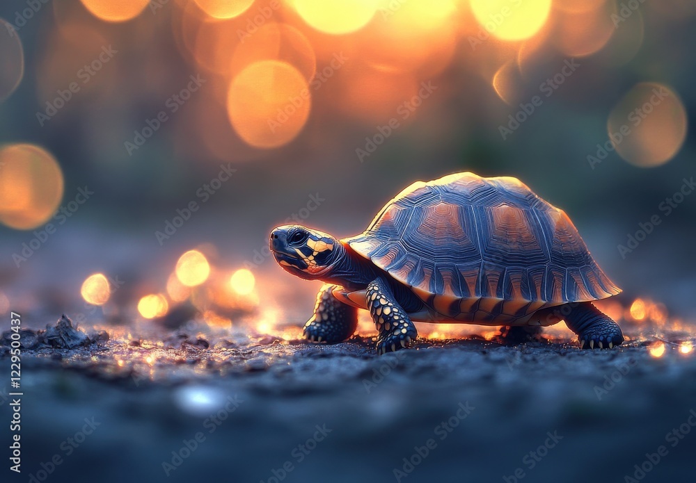Poster curious tortoise exploring a pathway at sunset with bokeh lights in the background, showcasing vibra
