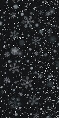 Fototapeta premium Falling snowflakes create a serene winter scene on a dark black background, nature, abstract, seasonal