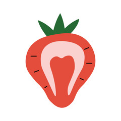 Minimalistic illustration of a halved strawberry with green leaves, pink core, and lines