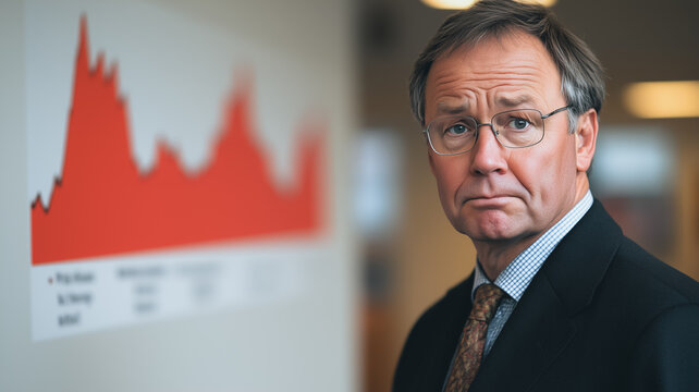 Concerned Businessman Reviewing Negative Graph: A serious businessman stands before a large, concerning red graph depicting a sharp decline, his expression reflecting worry and contemplation.