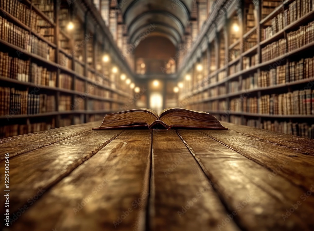 Poster blurred background of an old library with bookshelves and a wooden table for product display, with b