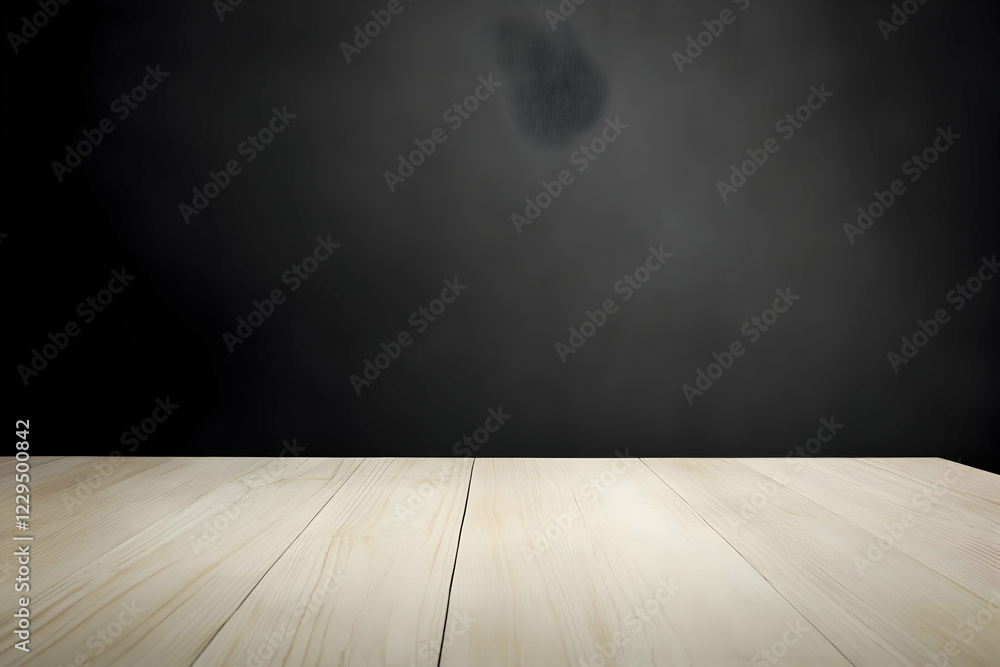 Poster empty wooden table top on dark background for product placement or design element.