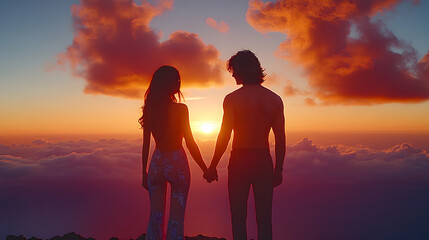Fototapeta premium Couple holding hands at sunset above clouds; romantic travel, love