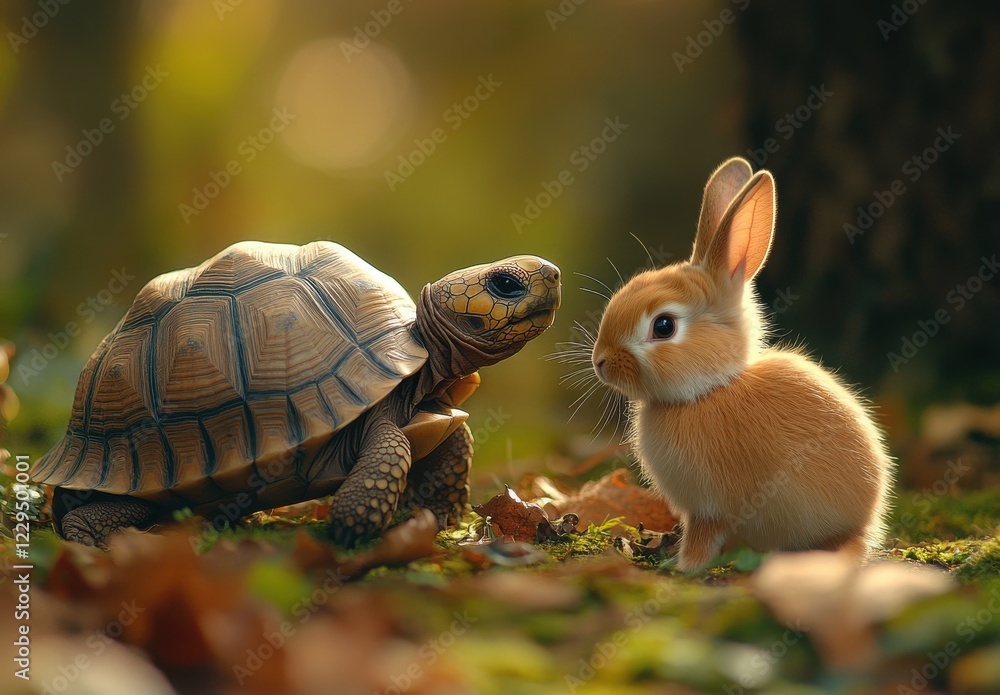 Poster cute encounter between a tortise and a rabbit in a forest clearing surrounded by colorful autumn lea