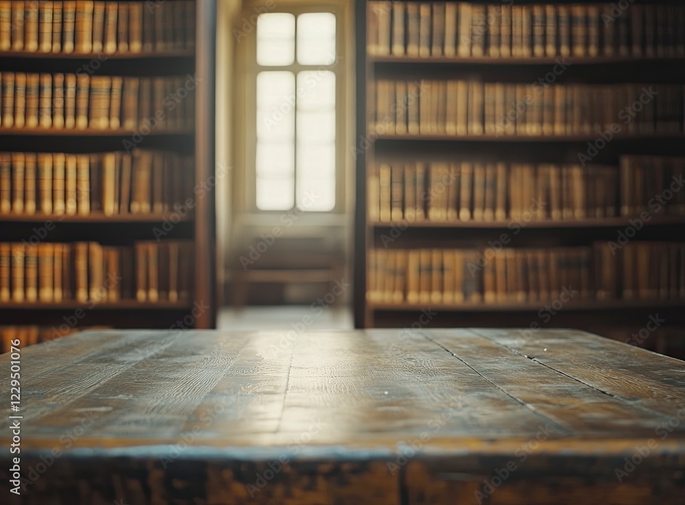 Poster blurred background of an old library with bookshelves and a wooden table for product display, with b