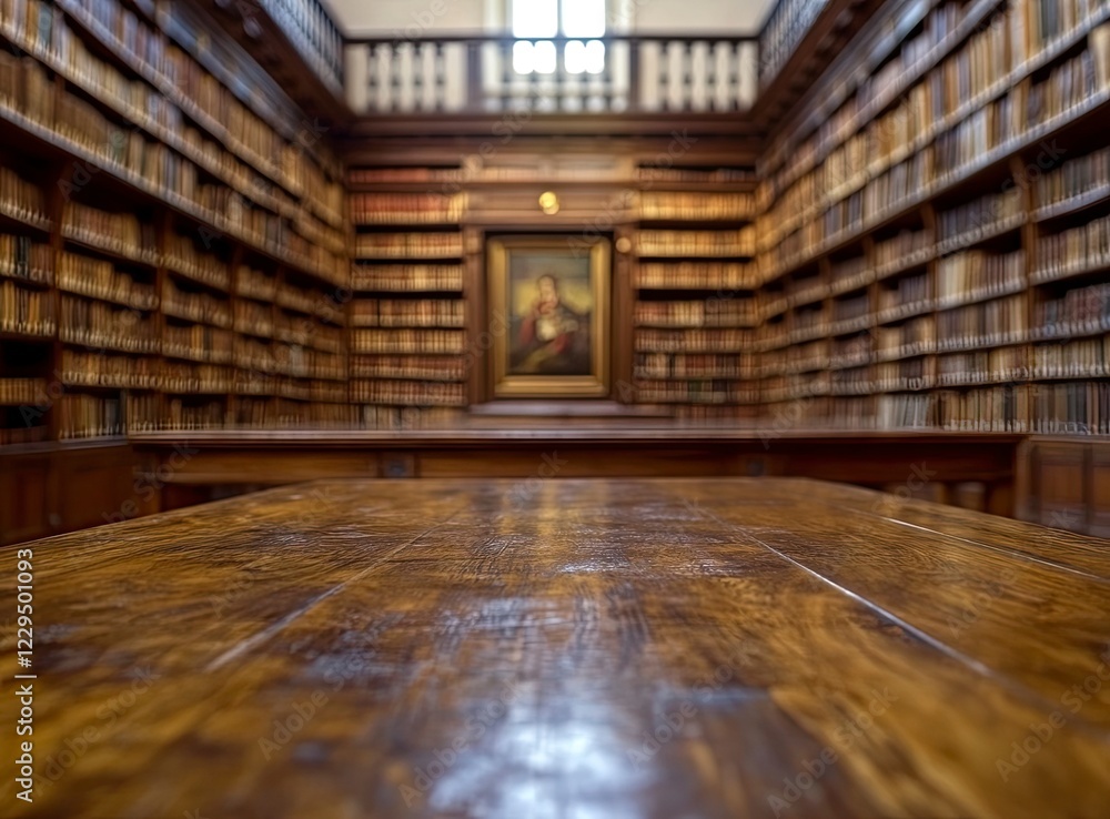 Poster blurred background of an old library with bookshelves and a wooden table for product display, with b