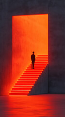 man standing at top of glowing red futuristic stairs in minimalistic space