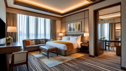 Fototapeta premium Elegant hotel suite featuring modern furniture and luxury bedding