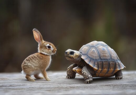 Cute rabbit and tortoise encounter in a natural setting showcasing wildlife friendship and harmony between two different animal species.
