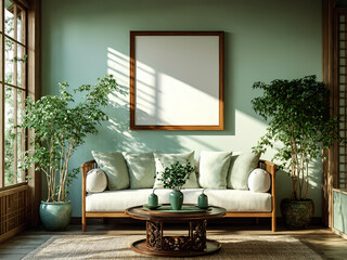 Blank wooden frame and garden style living room mockup green plants, light green and rice white antique color, Classic interior design mockup. 3D render 300dpi