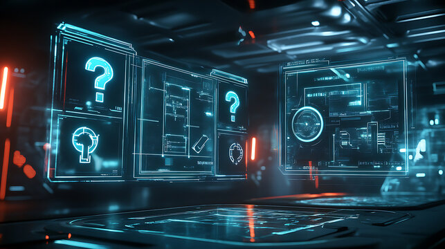 A futuristic holographic quiz interface with glowing question marks and interactive options (1)