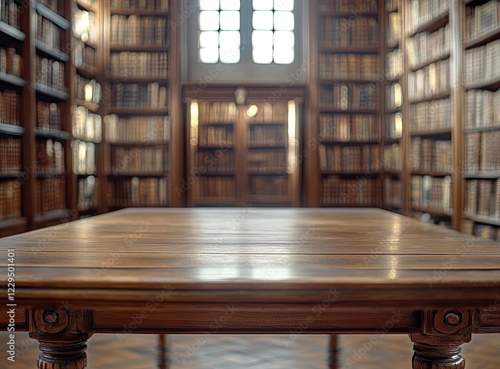 Poster blurred background of an old library with bookshelves and a wooden table for product display, with b