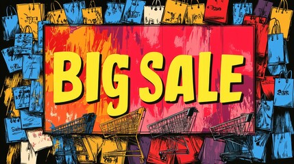 Vibrant promotional graphic featuring bold 'Big Sale' text amidst colorful shopping bags and carts, suggesting a lively shopping event