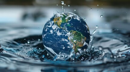 A globe splashing in water, symbolizing environmental awareness and global unity