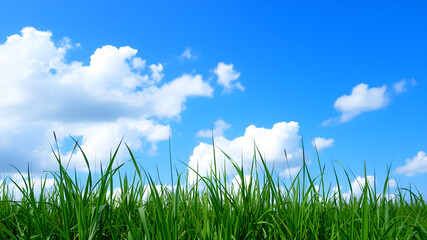 Fototapeta premium Green grass and blue sky with white clouds