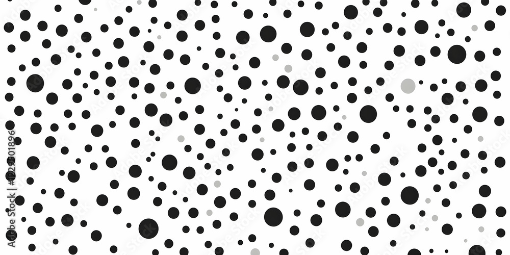 Poster abstract background with scattered black and gray dots on white background creates visual interest.