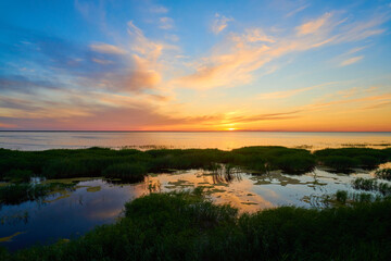 View of Lake Sultankeldy at sunset. 
The lake is situated within the Korgalzhyn State Nature Reserve, 170 km  southwest of Astana. Kazakhstan.
