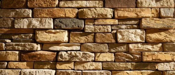 Obraz premium A stacked stone brick wall with earthy tones, natural textures, and sunlight filtering through cracks