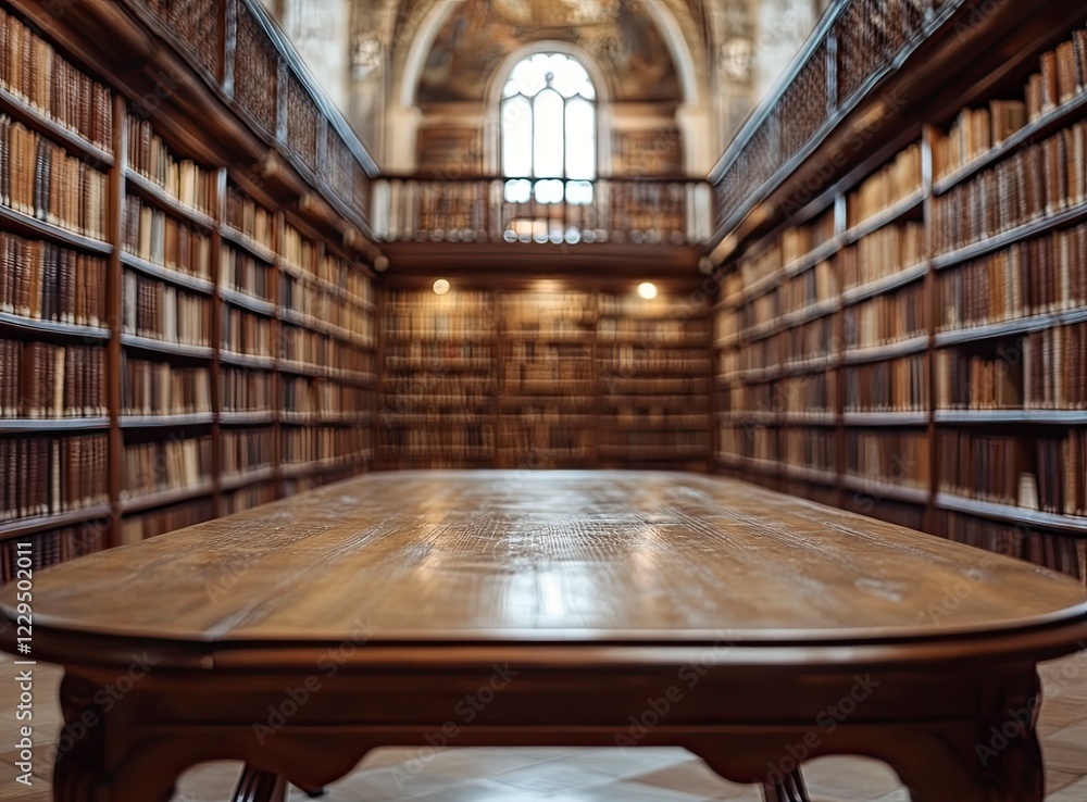 Poster blurred background of an old library with bookshelves and a wooden table for product display, with b