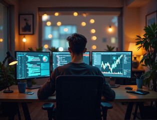 A software engineer is deep in work, coding on multiple monitors in a warmly lit room.