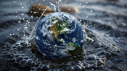 A globe splashes into water, creating ripples and bubbles, symbolizing environmental awareness