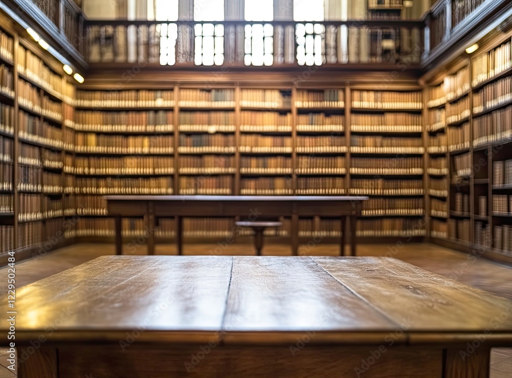 Poster blurred background of an old library with bookshelves and a wooden table for product display, with b