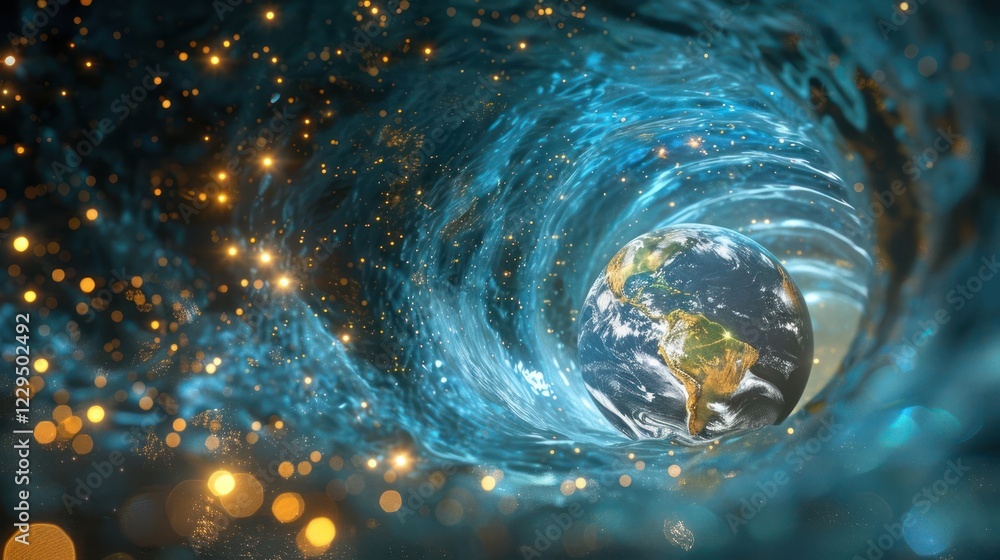 Poster a mesmerizing view of earth swirling in a cosmic vortex of water and light, symbolizing unity