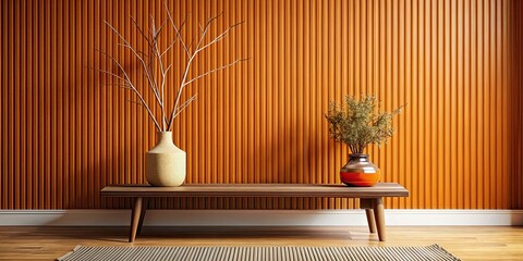 Mid-century modern: Warm wood bench against a vibrant orange wall, detailed macro photography.